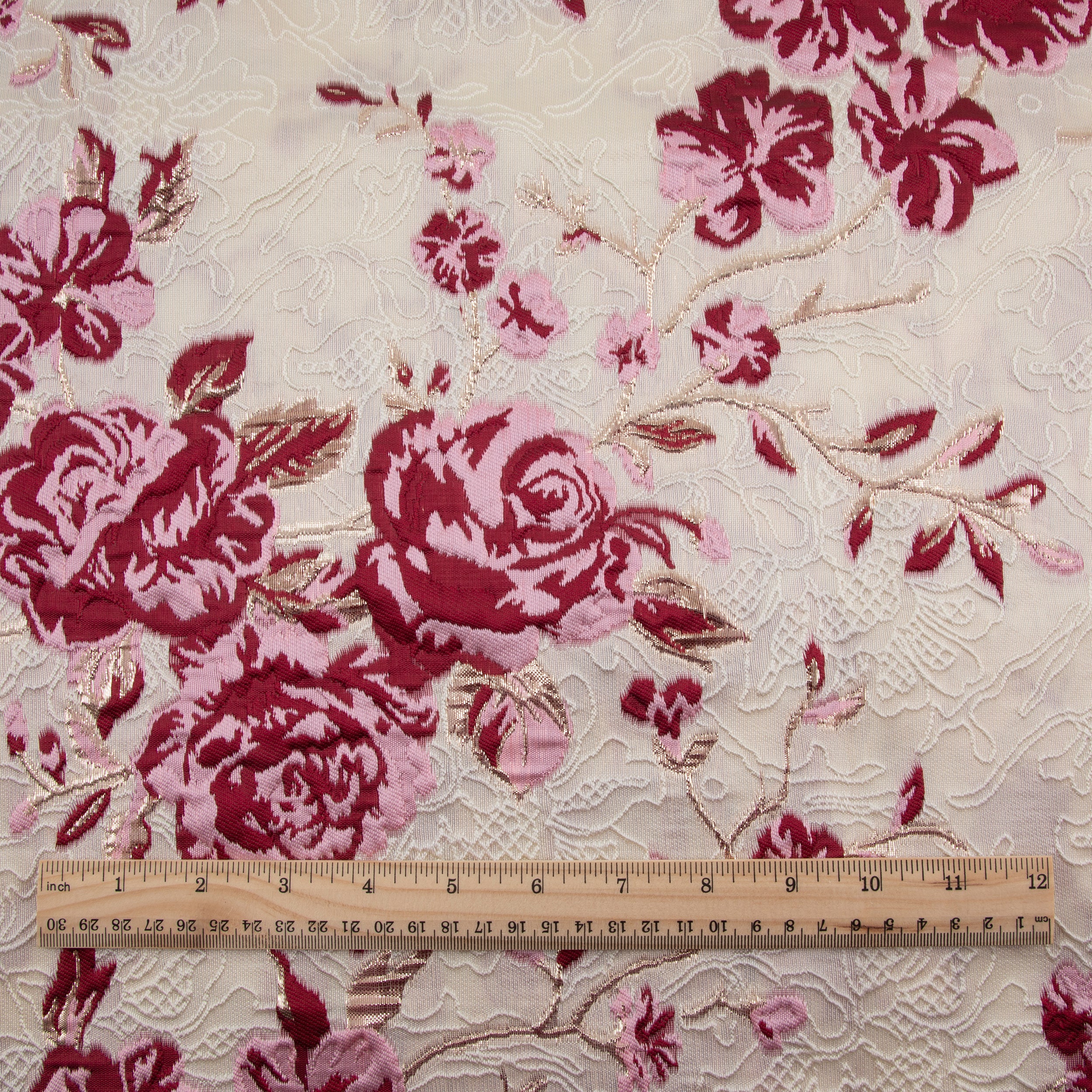 Floral Brocade Fabric, Textured, Ivory & Pink