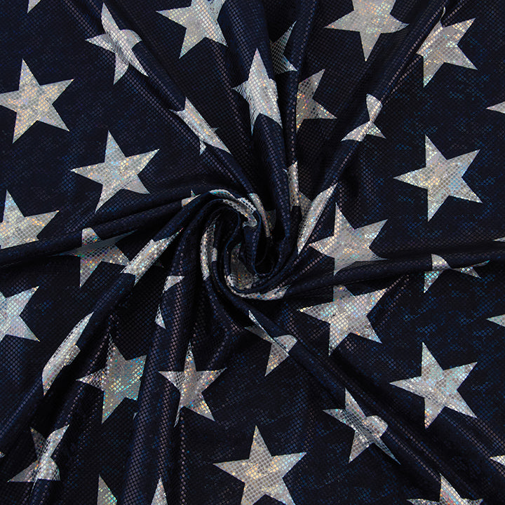 4-Way Stretch Fabric, Silver Star Pattern, Navy
