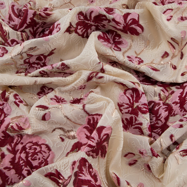 Floral Brocade Fabric, Textured, Ivory & Pink