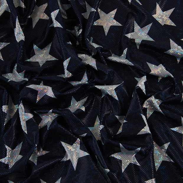 4-Way Stretch Fabric, Silver Star Pattern, Navy
